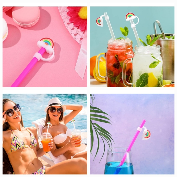 Silicone Straws Tips Cover set of 2! Cartoon Rainbow Reusable Lid Plug Antidust - Picture 3 of 6